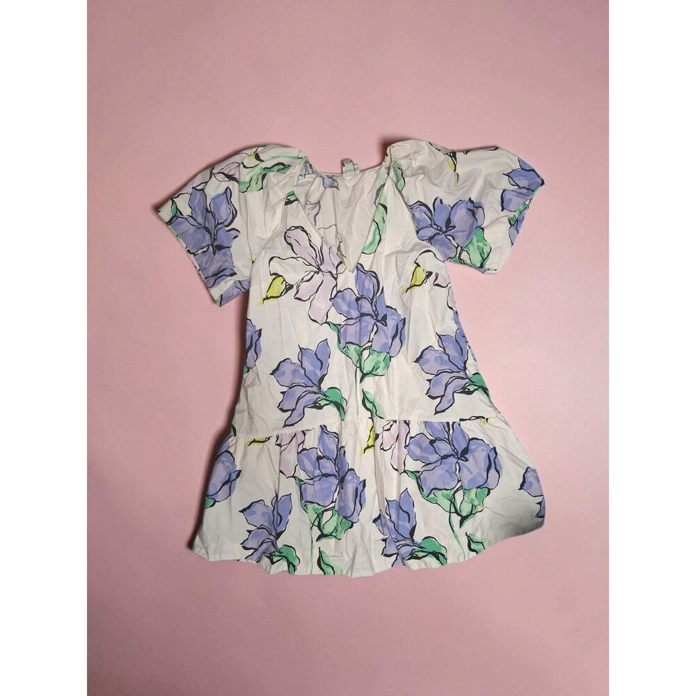 A New Day Floral Puff Sleeve Cotton V-Neck Mini Dress with Pockets - Sz S
